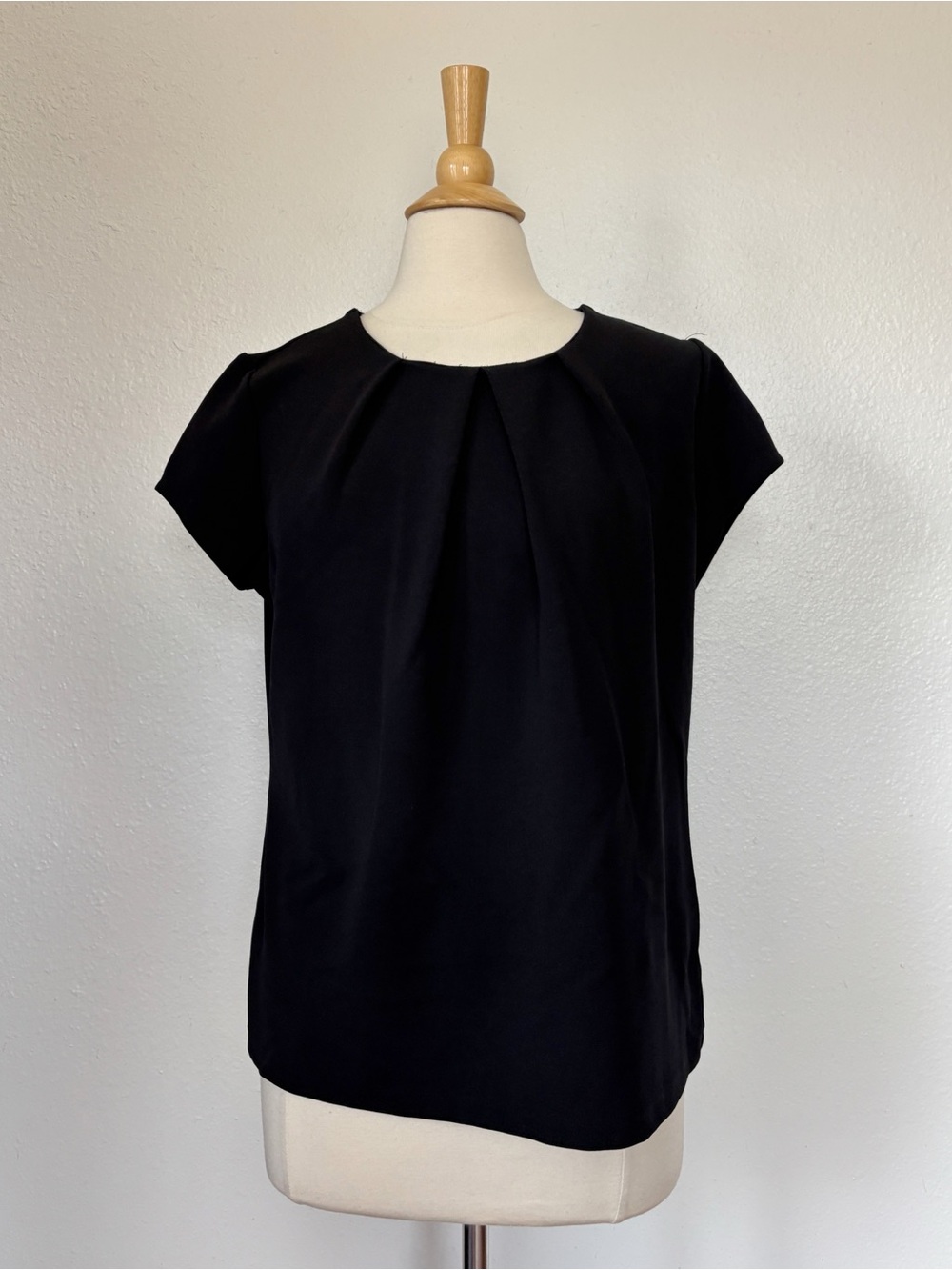 Solid Black Pleat-Front Cap Sleeve Blouse